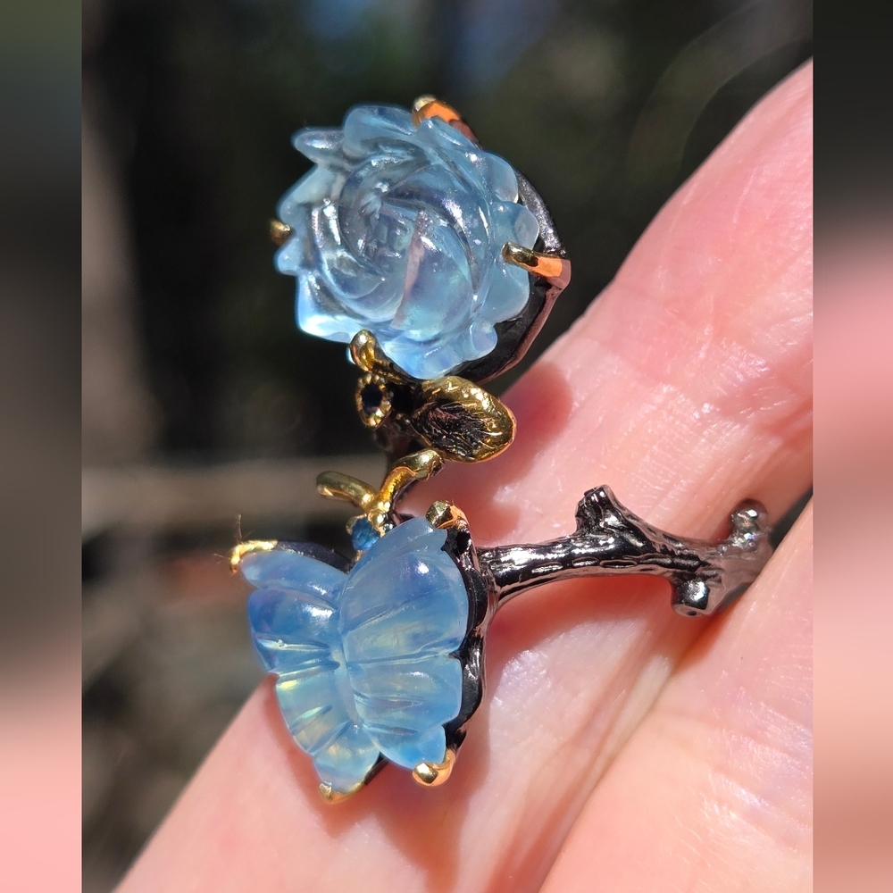 Aquamarine Butterfly & Flower Sterling Rhodium & Gold Ring Sz9 Adjustable - Picture 7 of 14